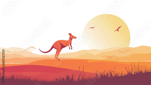 Vector illustration depicting a kangaroo in a leaping pose against a stylized sunset landscape. The color palette is predominantly warm oranges, reds, and yellows. The kangaroo is rendered in a