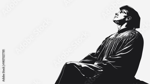 A grayscale image depicts a seated figure, possibly a statue or a stylized drawing of a person, wearing a robe.  The figure is viewed from a three-quarter perspective,