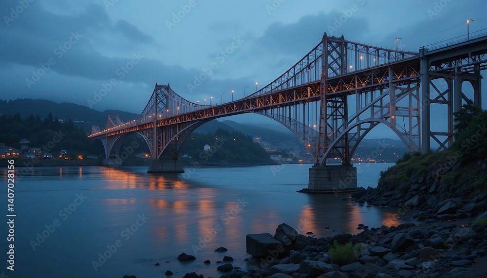 Fototapeta premium Serene Twilight Bridge: A Majestic Steel Structure Illuminated at Dusk