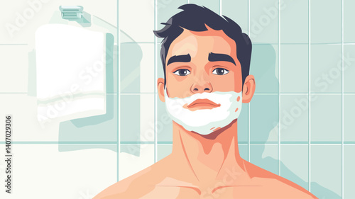 A stylized illustration of a young man's face covered in white shaving cream, set against a minimalist light teal tiled bathroom background. The style is clean and graphic, with flat color and