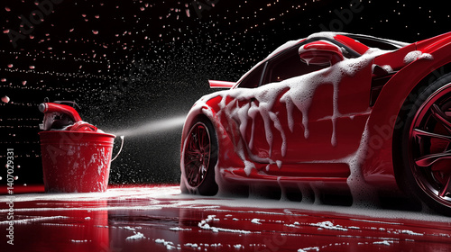 Foam sprayer and cleaning towel beside a glossy red car during a detailing session in a well lit garage