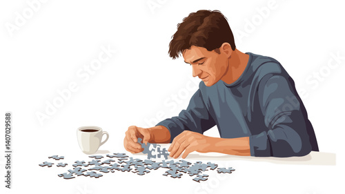 A digitally rendered illustration depicts a man seated at a table, attentively assembling a jigsaw puzzle.  The man is depicted from the waist up, and he has short brown hair. 