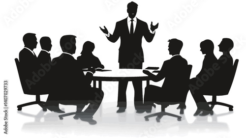 The image is a vector illustration depicting a business meeting.  It is a minimalist design featuring silhouettes of a presenter standing at a round table addressing a group of seated individuals.