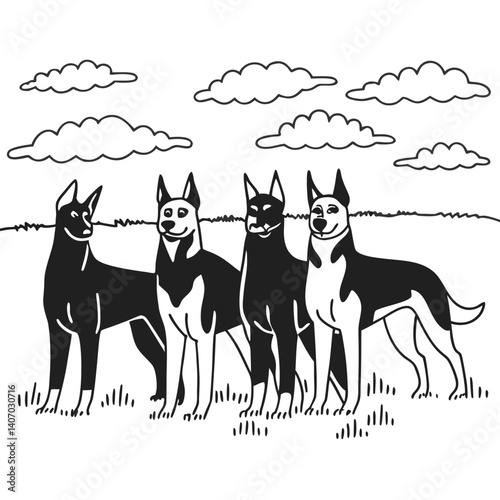 A set of 4 belgian malinois, charming line drawing showcases four elegant dogs standing proudly in a grassy field under a sky dotted with fluffy clouds isolated on white background the monochrome ar