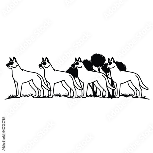 Four Dogs Standing in a Row Near Trees a Black and White Illustration of Canine Companions, Kid's Coloring Book