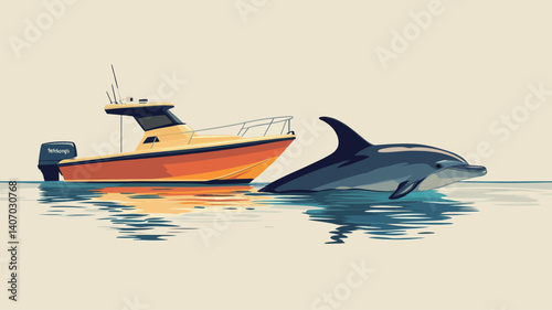 A vector illustration depicting a small, orange and yellow motorboat floating on calm blue water.  A dolphin is swimming alongside the boat, its dorsal fin visible above the waterline.  
