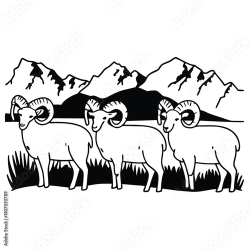 Three bighorn sheep stand proudly against a backdrop of majestic mountains, their curved horns a testament to their strength and resilience, isolated on white background a symbol of wilderness and nat
