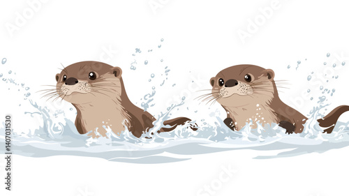 Illustration of two otters emerging from water, their heads and upper bodies visible.  The otters are depicted in a cartoonish style with simplified features. They have brown fur and are surrounded