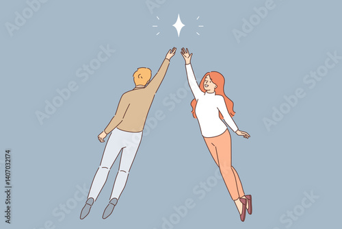 Mystical attraction of man and woman in love, reaching for same star, striving to be together