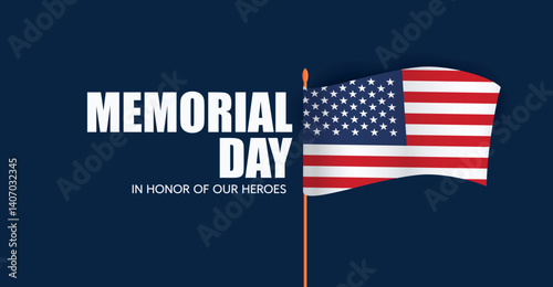 Memorial Day USA Banner with American Flag on Dark Blue Background. Vector
