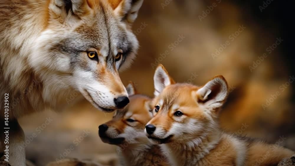 Family Unity: A majestic mother wolf shares a tender moment with her adorable pups. This heartwarming tableau showcases the fierce protectiveness of a mother's love.