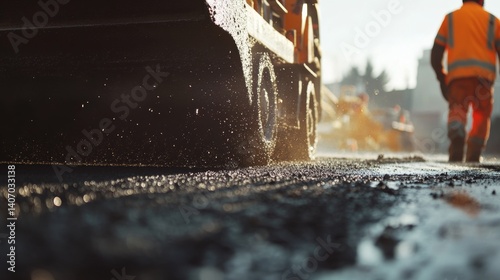 Paving worker laying asphalt on road construction. Featuring roadwork and paving