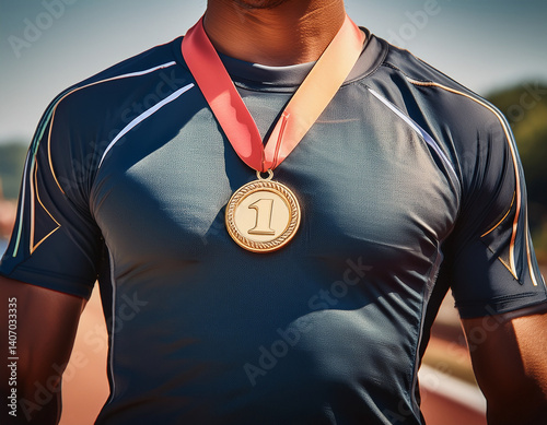 A runner's medal hanging around their neck, symbolizing achievement and the culmination of hard work and dedication.