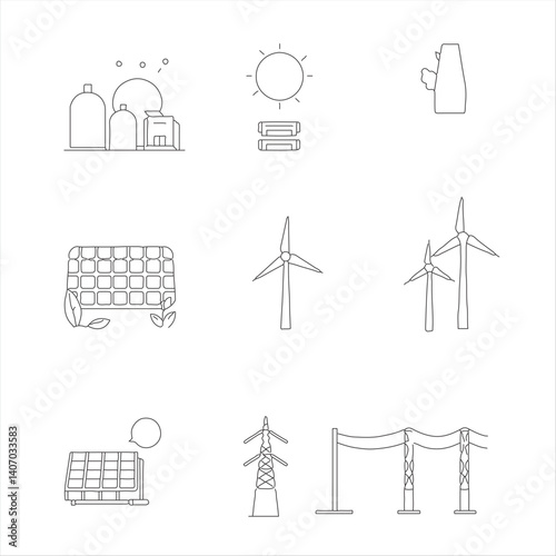 A timeless and elegant black and white minimalist line icon set showcasing sustainable energy technologies.  The set includes carbon capture, solar panels, wind turbines, biomass, geothermal