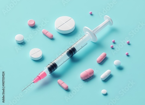 3d icon of syringe and pills on blue background for international nurses day