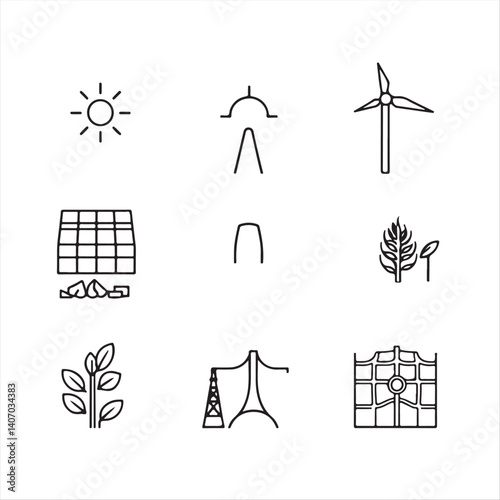 Design a black and white minimalist line icon set for sustainable technologies, including carbon capture, solar, wind, biomass, geothermal, and smart grids.  Geometric shapes and a consistent stroke