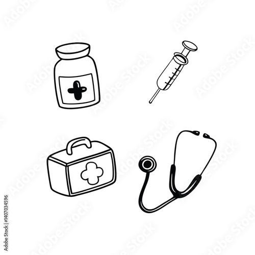 Medical icons, including a pill bottle with a cross, a syringe, a first aid kit with a cross, and a stethoscope. The design emphasizes healthcare, medical treatment, and emergency supplies