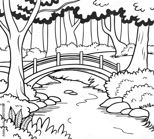 Peaceful forest scene with a wooden bridge over a winding river, black and white line art illustration, tranquil woodland landscape, nature drawing with trees, rocks, and calm flowing water

