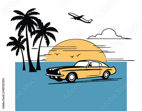 Retro beach scene with classic yellow car, palm tree, airplane flying over sunset, minimalist black and white line art with warm accent tones, summer travel concept, vintage coastal illustration

