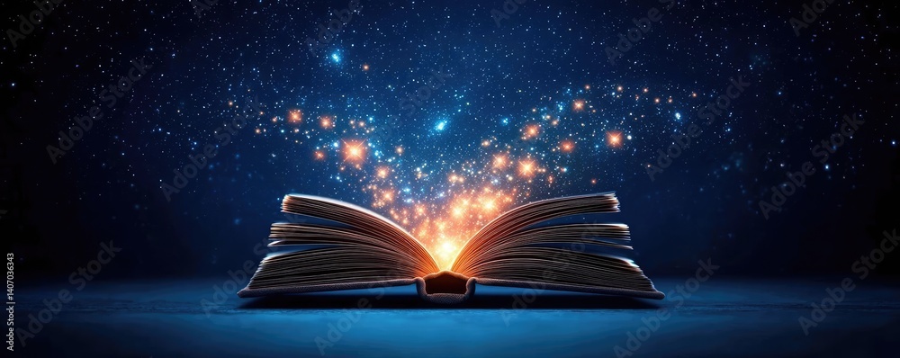 Naklejka premium Open book under starry sky revealing universe of imagination concept. An open book emitting magical sparkles in a dark setting.
