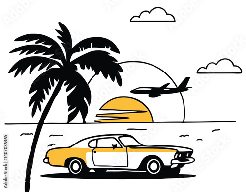 Retro beach scene with classic yellow car, palm tree, airplane flying over sunset, minimalist black and white line art with warm accent tones, summer travel concept, vintage coastal illustration

