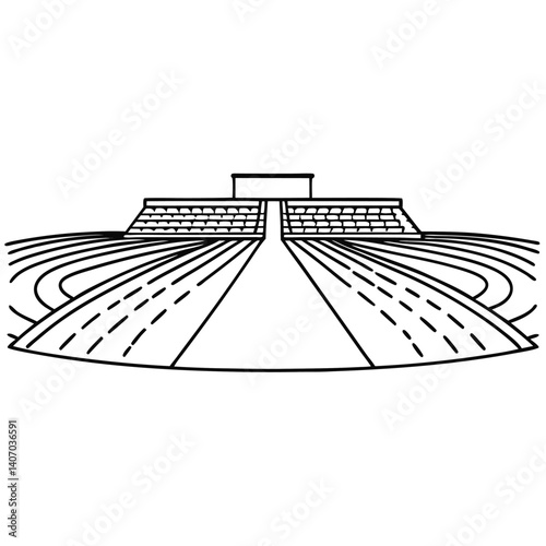 Black and white line art of running tracks in a stadium, sports arena illustration, curved lanes, symmetrical layout, athletic field sketch, abstract linear outdoor design

