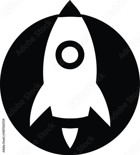 Simple cartoon rocket, black and white outline, retro space icon, minimalist design, circular window, triangular nose cone, stylized fins, childlike drawing style, flat vector illustration, no shading