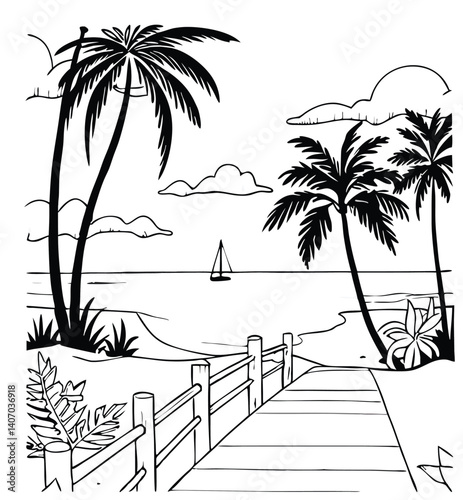 Highly detailed black and white line art of a tropical beach scene with palm trees, wooden dock, and distant sailboat, intricate line work, minimalist coastal design, serene oceanfront view