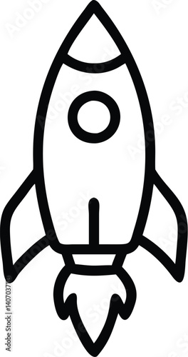 Simple cartoon rocket, black and white outline, retro space icon, minimalist design, circular window, triangular nose cone, stylized fins, childlike drawing style, flat vector illustration, no shading