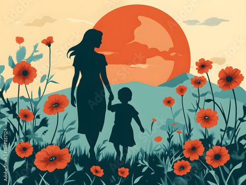 A mother holds her child's hand while walking through a vibrant field of flowers, illuminated by a stunning sunset.