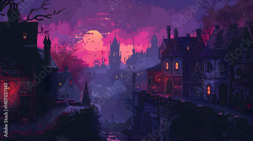 Purple Pixel Art Landscape of Medieval Town at Night with Vintage Architecture and Gothic Silhouettes and Houses Against a Dusk Sky