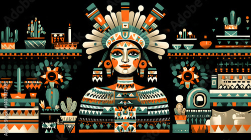 A woman in a flat folk art style, adorned with vibrant flowers and leaf patterns in a rich, colorful background.