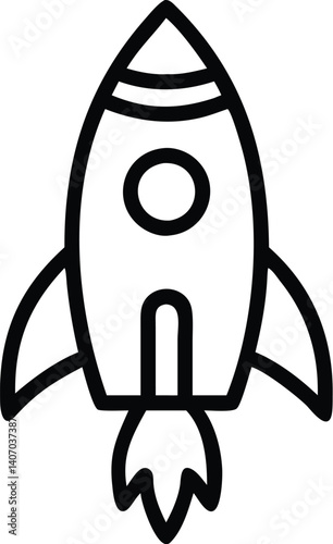Simple cartoon rocket, black and white outline, retro space icon, minimalist design, circular window, triangular nose cone, stylized fins, childlike drawing style, flat vector illustration, no shading