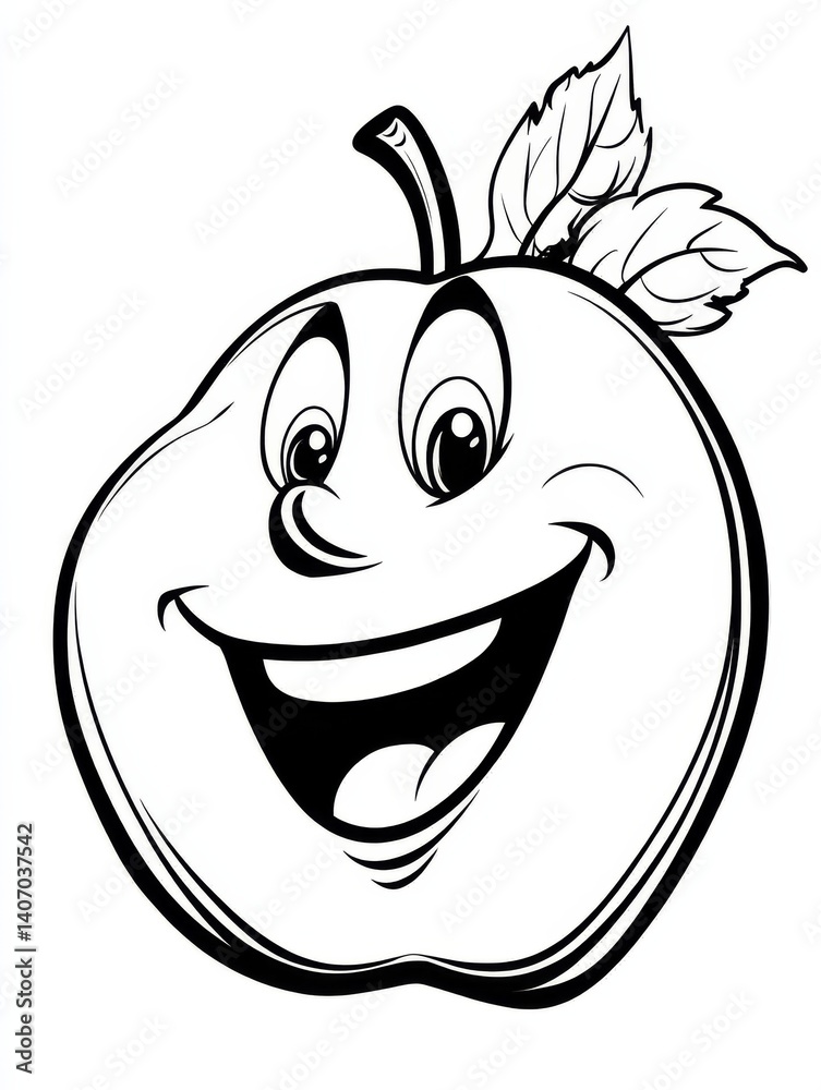 SMILING APPLE WITH LEAF, OUTLINED IN BOLD LINES, NO FILL SMILING APPLE WITH LEAF, OUTLINED IN BOLD LINES, NO FILL