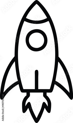 Simple cartoon rocket, black and white outline, retro space icon, minimalist design, circular window, triangular nose cone, stylized fins, childlike drawing style, flat vector illustration, no shading