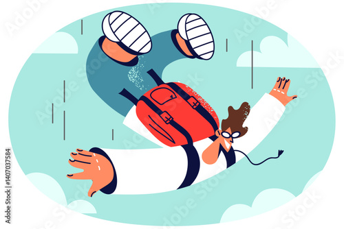 Happy man jump with parachute in sky