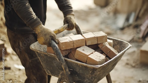 Laborer hauling bricks at a construction site. Featuring strength and coordination