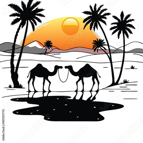 Desert landscape with palm trees and camels, sunset silhouette scene, line art vector illustration, serene oasis view, warm tones, tranquil scenery, nomadic travel inspiration