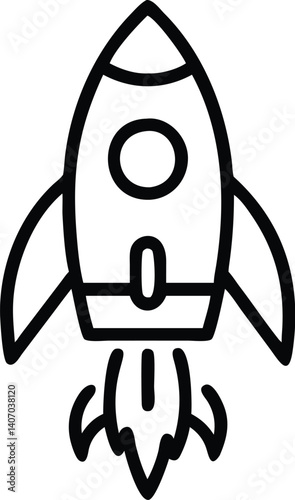 Simple cartoon rocket, black and white outline, retro space icon, minimalist design, circular window, triangular nose cone, stylized fins, childlike drawing style, flat vector illustration, no shading