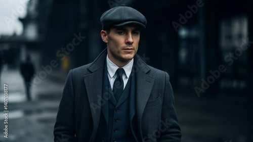 Video portrait of a serious man in vintage 1920s/30s style suit, coat, and flat cap. Standing on a moody urban street. Retro look.