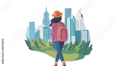 A vector illustration depicting a woman from behind, wearing a backpack and hat, walking away from the viewer towards a stylized cityscape. The city skyline is rendered in muted colors, with a