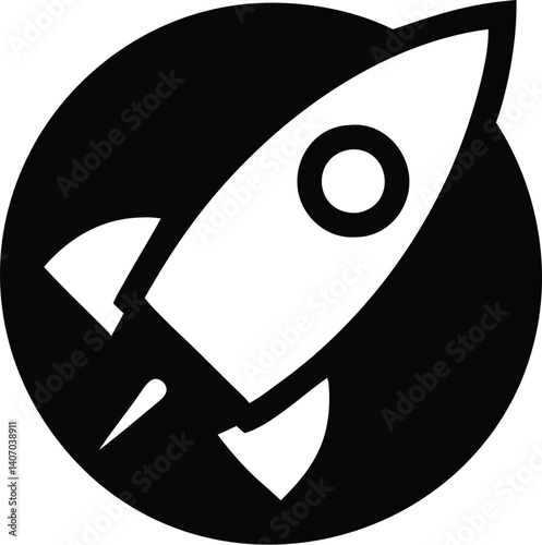 Simple cartoon rocket, black and white outline, retro space icon, minimalist design, circular window, triangular nose cone, stylized fins, childlike drawing style, flat vector illustration, no shading