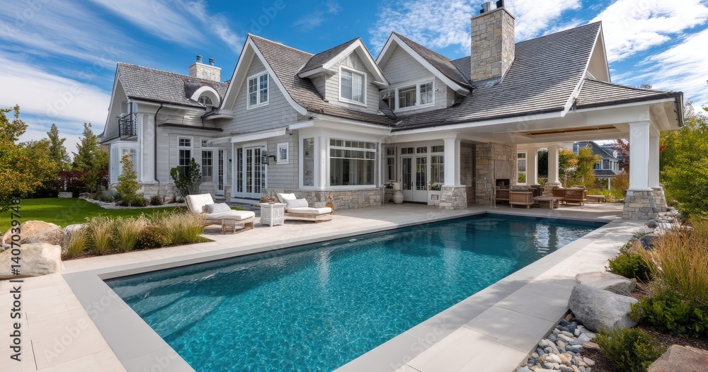 A large, two-story house with white walls and a beige shingle roof in the suburban area of Texas, featuring an outdoor pool with a fire pit surrounded by lush green grass