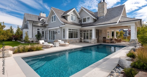 Obraz na płótnie A large, two-story house with white walls and a beige shingle roof in the suburban area of Texas, featuring an outdoor pool with a fire pit surrounded by lush green grass w salonie