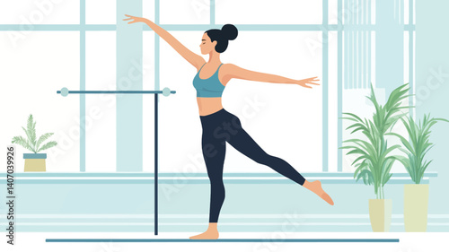 A stylized vector illustration depicting a young woman performing a ballet barre exercise. She is wearing athletic apparel: a teal sports bra and dark leggings. Her posture is elegant and balanced,