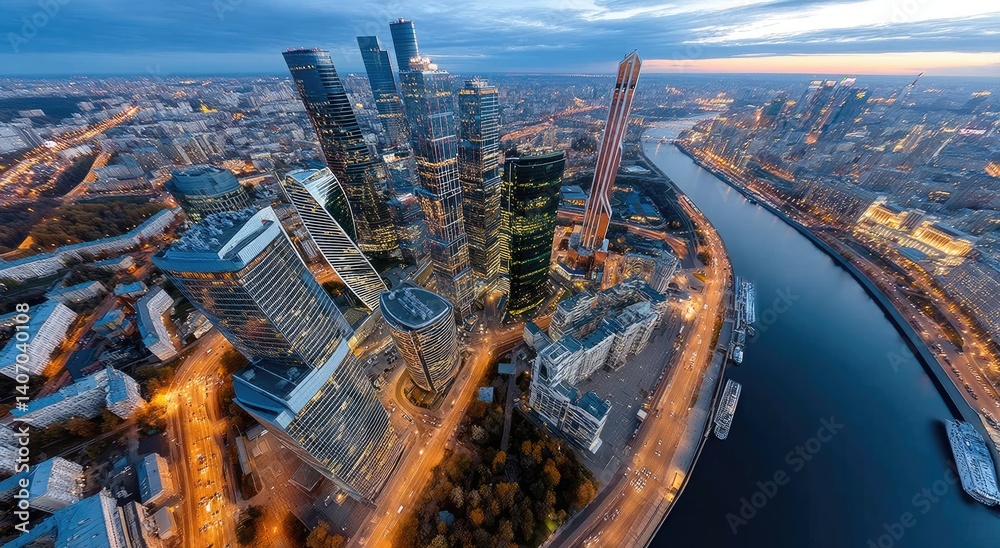 Obraz premium A panoramic view of the Moscow City business district at sunset, showcasing its impressive skyline with towering skyscrapers and modern architecture, illuminated by vibrant city lights.