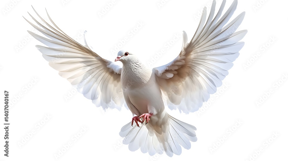 Fototapeta premium Dove In Flight Isolated On White Background Symbolic Of Peace And Freedom Graceful White Bird Spreading Its Wings Against A Clean Backdrop Depicting Serenity