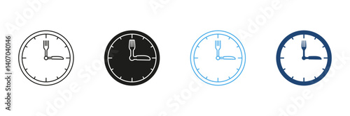 Fork And Knife As Clock Hands Indicating Time To Eat Line and Silhouette Icon Set. Mealtime Or Lunchtime Schedule Outline and Solid Symbol. Isolated Vector Illustration