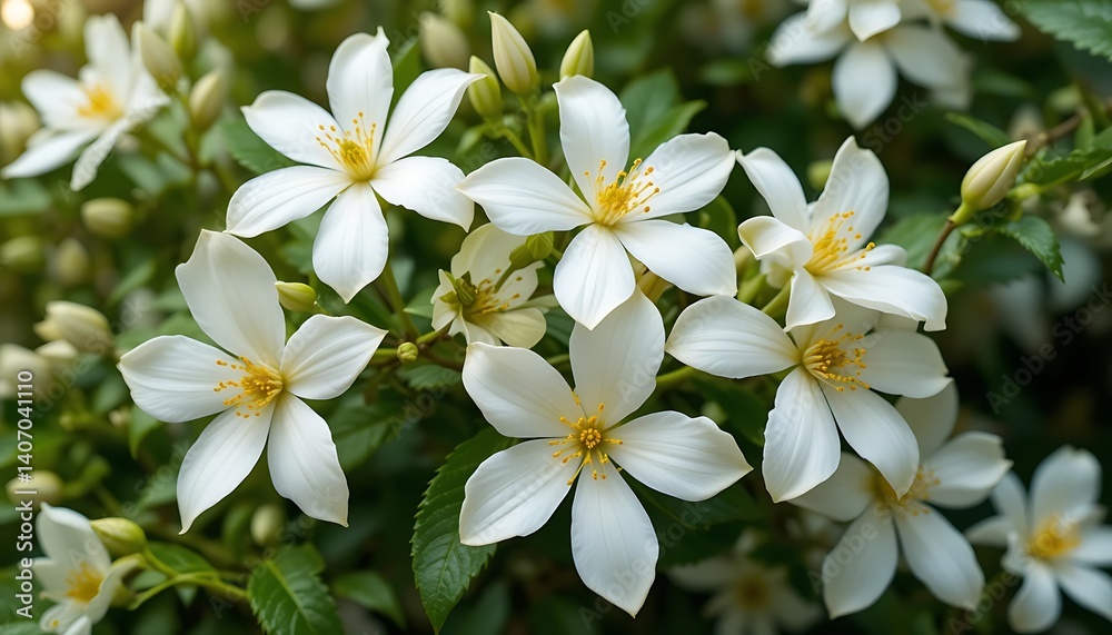 Radiant White Clematis: A Serene Floral Cluster in Soft Light Radiant White Clematis: A Serene Floral Cluster in Soft Light