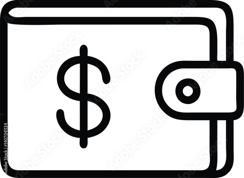 Minimalist wallet icon, dollar sign, black and white outline, simple geometric shapes, financial symbol, thin line drawing, money concept, digital wallet illustration, compact design, banking app icon